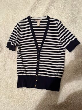 Banana Republic Navy and White Striped Short Sleeve Cardigan